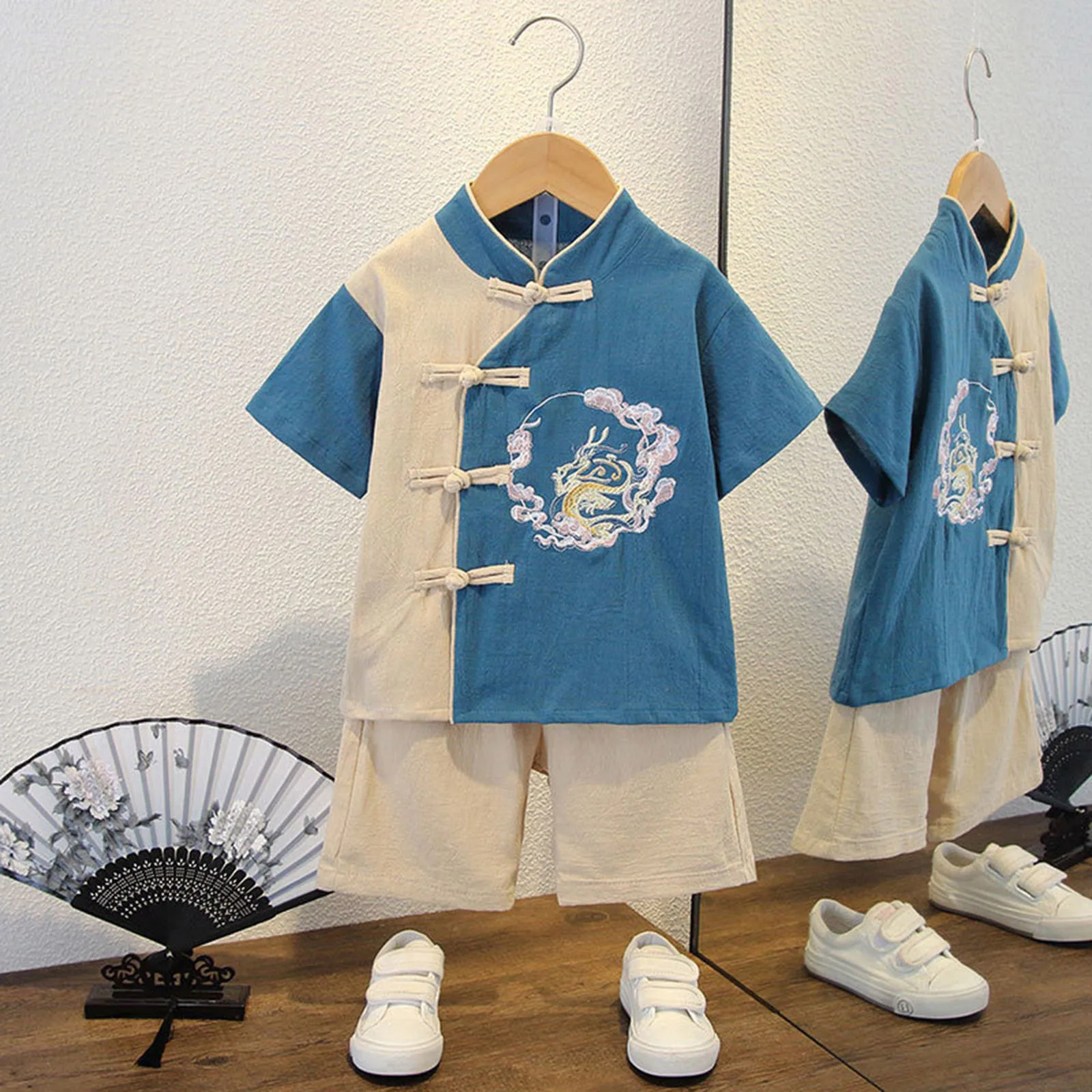 

0-7Y Children Boys Tang Suits Summer Clothes Comfort Short-Sleeve Kids Boys Hanfu Embroidery Tops Shorts Retro Chinese Clothes