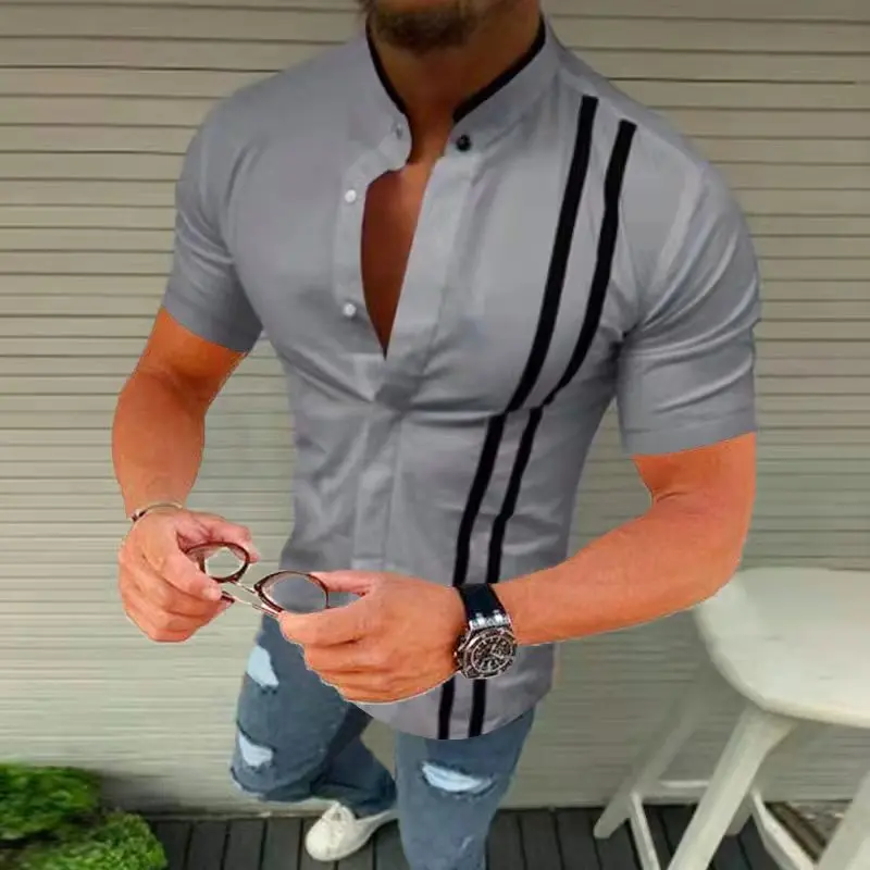 2022 Summer New Men's shirt Casual Striped Stand Collar Chemise Slim fit Men's Clothing Single Breasted Long Sleeve Dress Shirt
