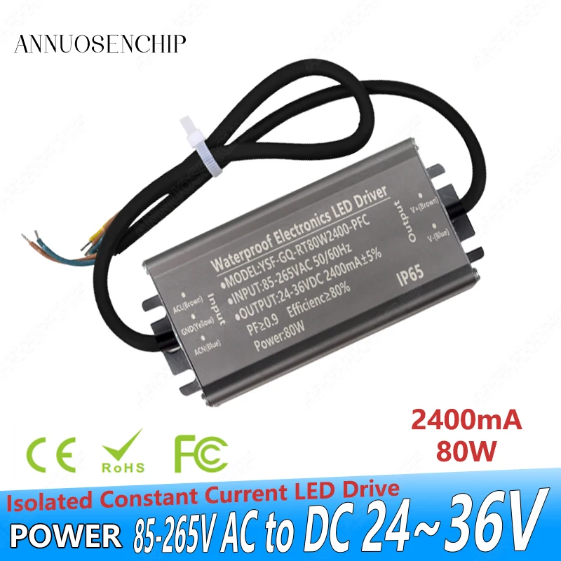 

2400mA Constant Current LED Driven 85-265V AC to DC 24-36V 80W Converter Power Supply Aluminum Case Waterproof IP65 Transformer