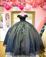 black charming appliques ball gowns off the shoulder quinceanera dresses flowers vestido de 15 anos sweet 16 prom