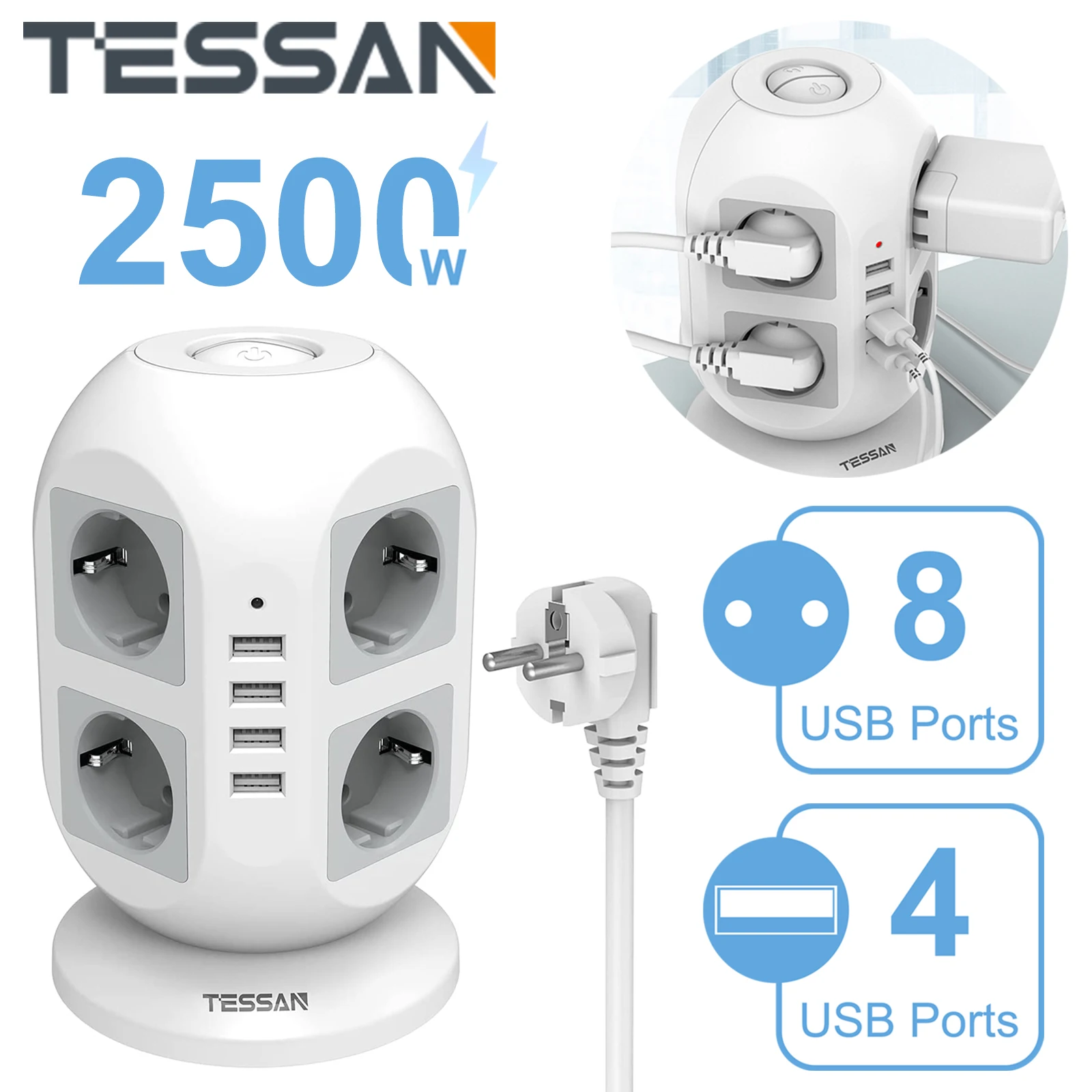 

Вертикальный удлинитель TESSAN USB с 3/8 розетками (2500 Вт/10 а) и 3/4 USB-портами, с несколькими розетками, с защитой от перенапряжения и переключателем