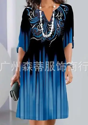 

Casual Pullover European and American 2023 Summer New Popular Half Sleeve V-Neck Pleated Gradient Printed Dress Women's Clothing