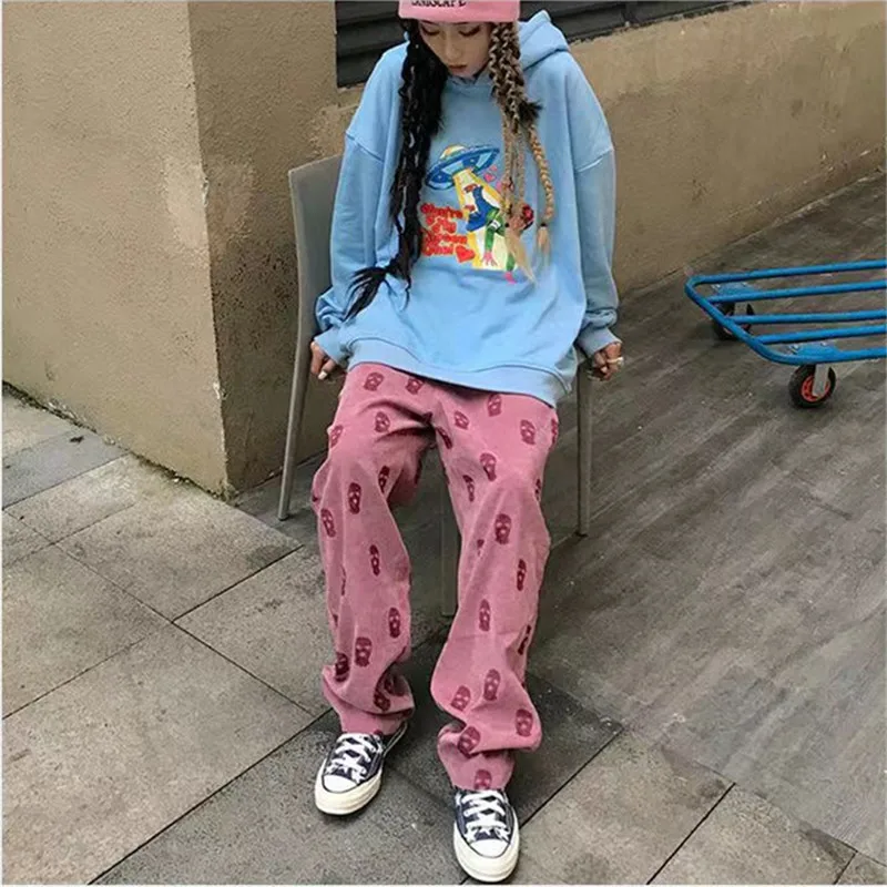 Skull Full Printed Drawstring Casual Corduroy Womens Pink Baggy Cargo Pants Hip Hop Straight Sweatpants Trousers Pantalon Homme