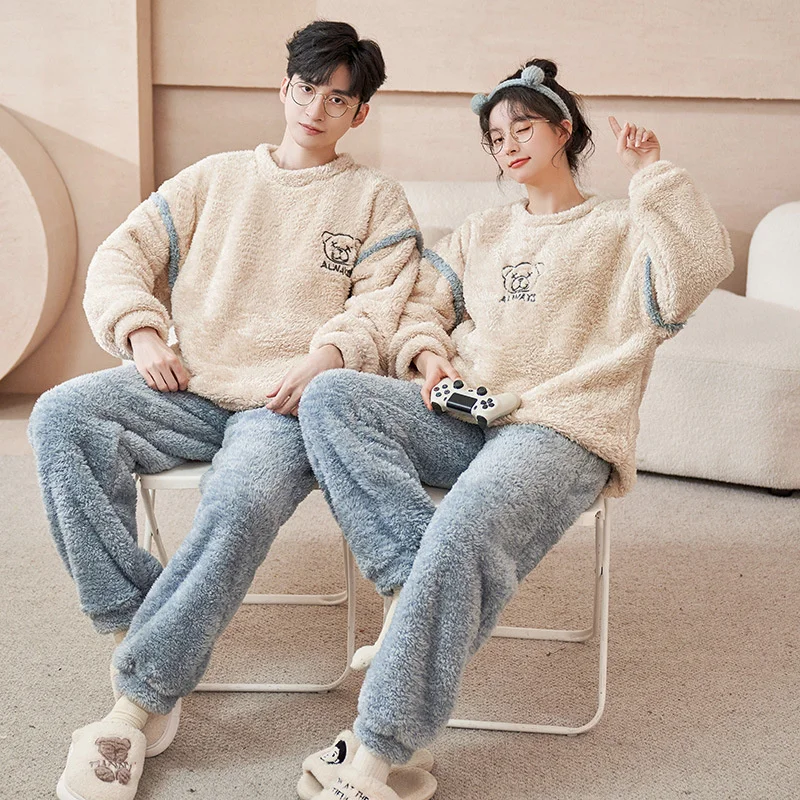 

Coral Flce Couple Pajamas Men Female Winter Long-Slved Thickened Women Plus Size Flannel Home wear Slpwear Set Frship