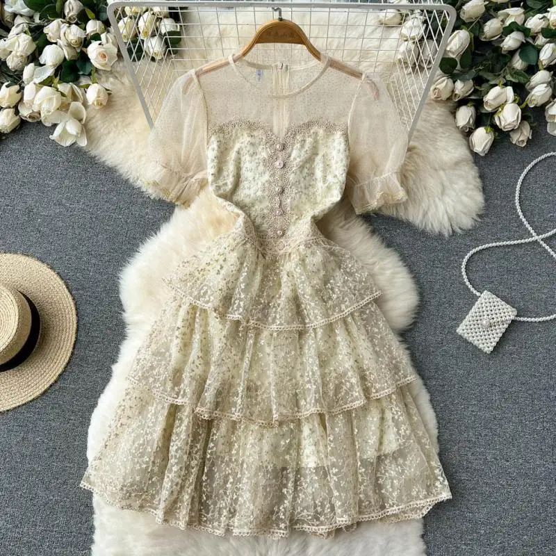 

WEIHAOBANG 2022 Summer Women's New Mesh Splicing Round Neck Short Sleeve High Waist Casual Dress Short Slim A-line Skirt