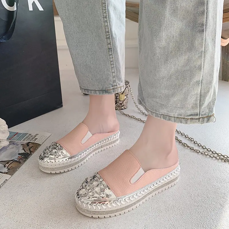 

Crystals Round Toe Leather Flats Shoes Women Silver Bling Loafers Couple Platform Shoes Woman Flat with Students Size 43