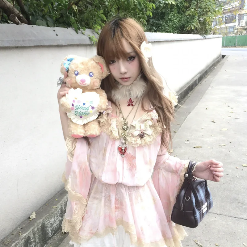 Фото ReddaChic Stitch кружевная блузка с рюшами Лолита Cutecore тонкая цветочная повязка с длинными расклешенными рукавами свободный струящийся топ винтажная женская одежда №3