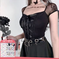 2022 vintage tops goth t shirt women bodycon bandage lace black t shirts gothic streetwear slim sexy female top casual mesh tee