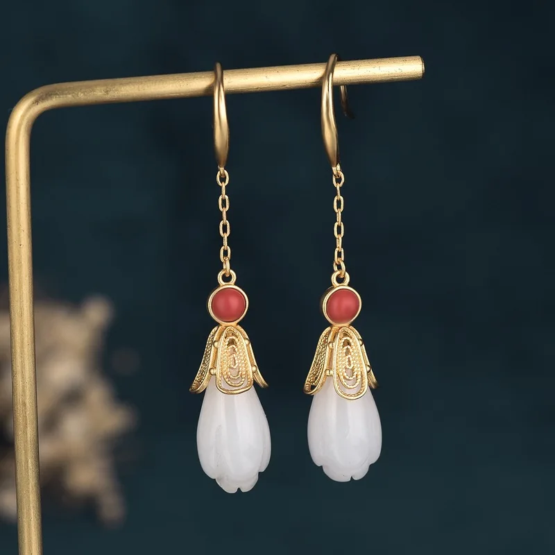 

China Palace Style Long Magnolia Flower Earrings Imitation Hetian Jade With Hanfu Cheongsam Earrings for Women Ear Jewelry Gift