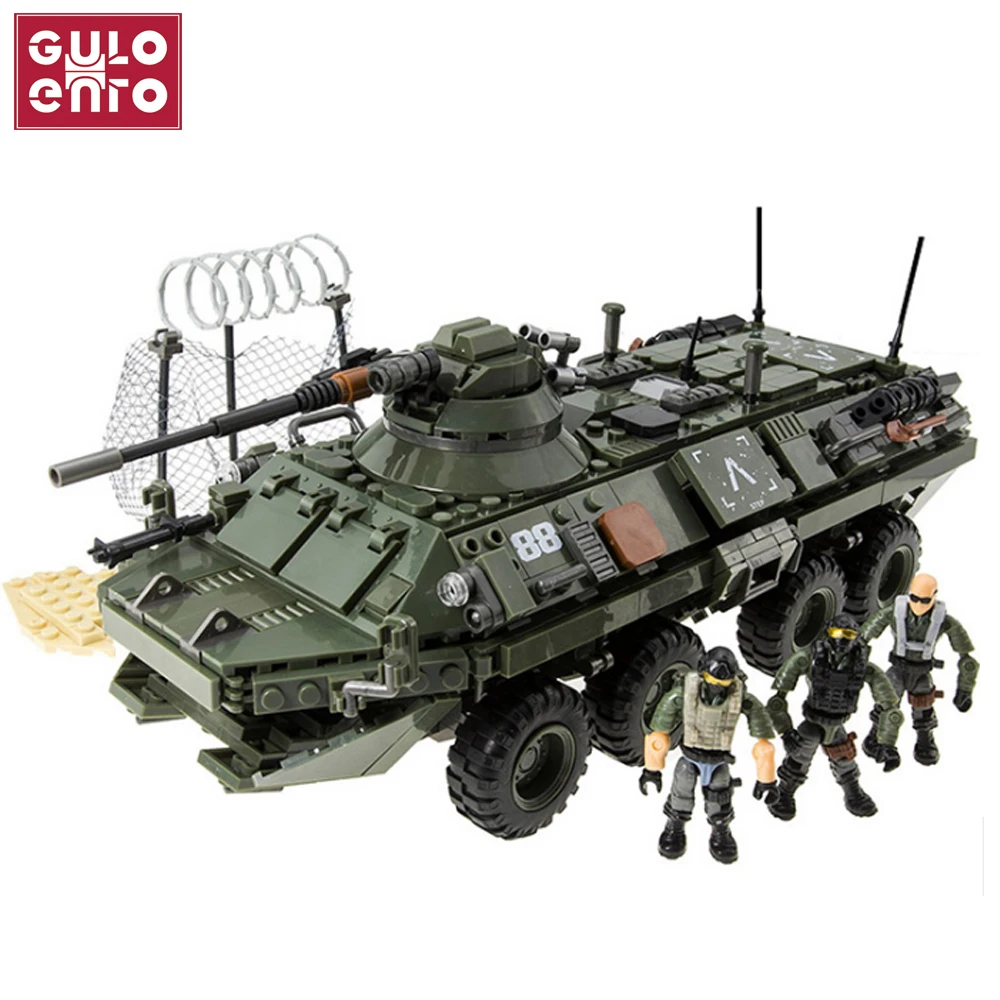 

Военные бронированные танки GULO Stryker, строительные блоки, Полугусеничный бронированный автомобиль, набор кирпичей с солдатами, оружие, детск...
