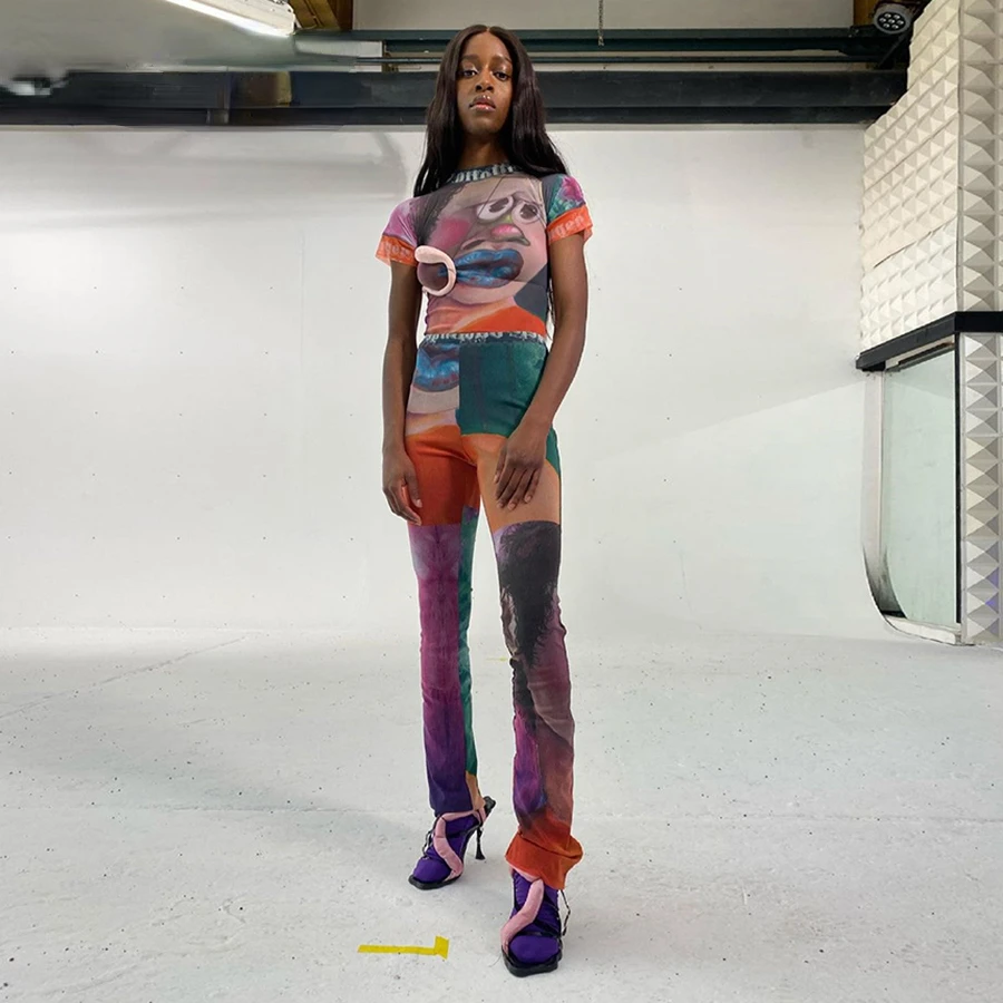 

Y2K Fashion Street Art Print Stitching Two-Piece Sets Short-Sleeved Top + Slim Pants For Women Out Club Commuting Outfits