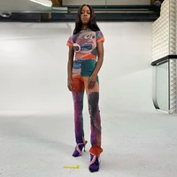 y2k fashion street art print stitching two piece sets short sleeved top slim pants for women out club commuting outfits