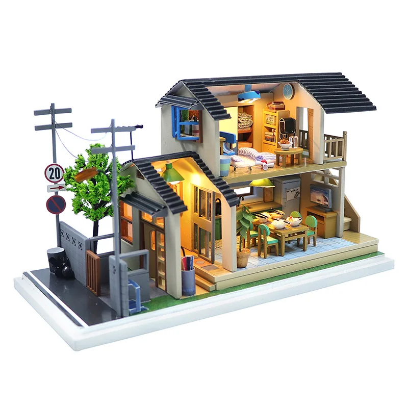 DIY Wooden Doll House Japanese Architecture Casa Miniature Building Kits Dollhouse With Furniture Lights Toys for Girls Gifts