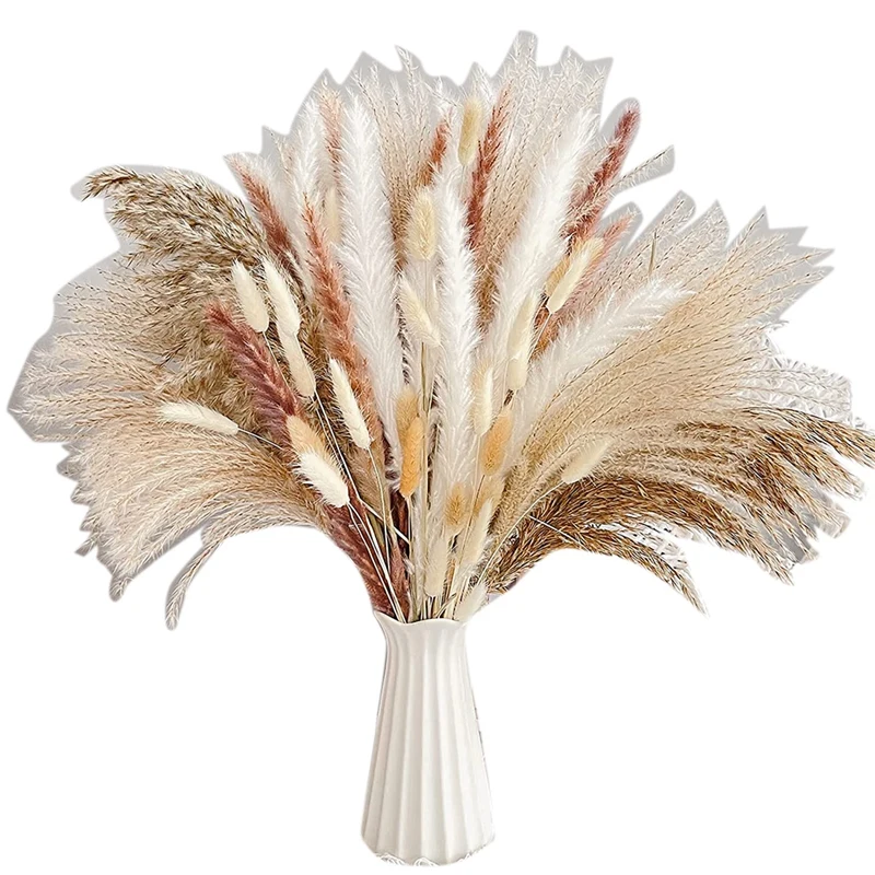 

Natural Dried Pampas Grass Bouquet, 74Pcs Dried Pompous Grass Decor Bunny Tails Stem Reed Grass Plants Branches Fluffy