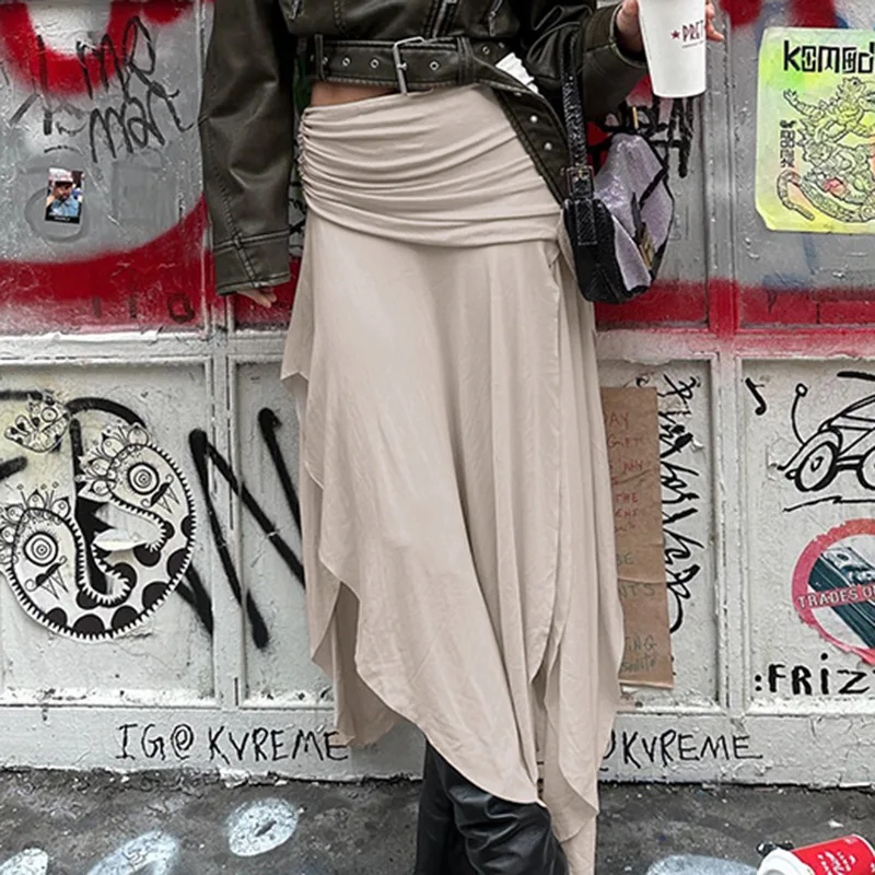 Женская Длинная свободная юбка средней длины, Повседневная элегантная юбка со складками и заниженной талией, уличная одежда на осень
