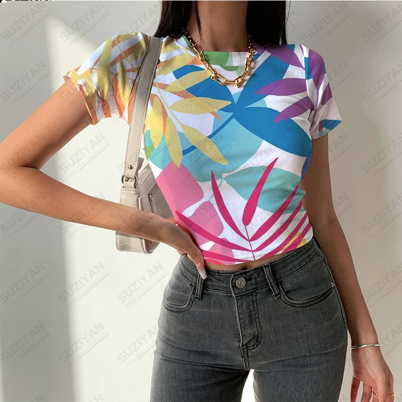 

2023Women's Summer New Short Top Colorful Leaf 3D Printing Short Sleeve T-shirt Women's Round Neck Hawaiian Temperament Sexy Top
