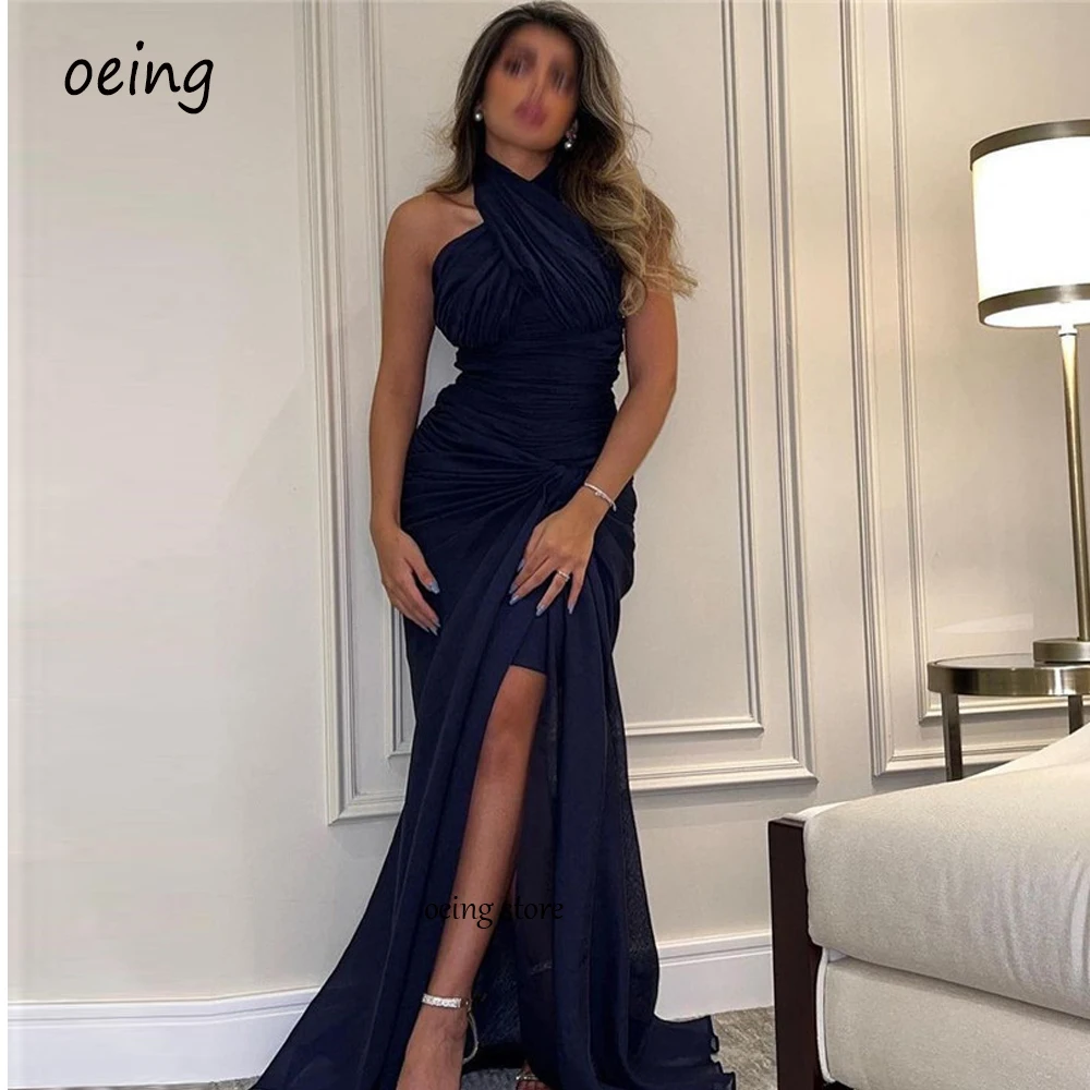

OEING Navy Blue Chiffon Halter Mermaid Long Evening Dresses Slit Saudi Arabic Women Prom Gowns Formal Occasion Party Dress