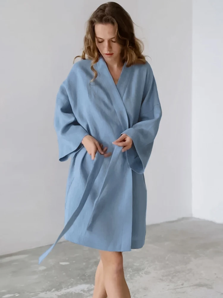 

Restve Cotton Women Robes With Sashes Blue Three Quarter Sleeve Bathrobe Female Summer Casual Home Robe Loose Nightwear 2022