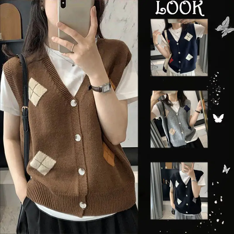 

Women Spring Autumn Loose Vintage Leisure Cozy College Design Knitted Vest Female Office Lady Single Breasted Cardigan Vest E48