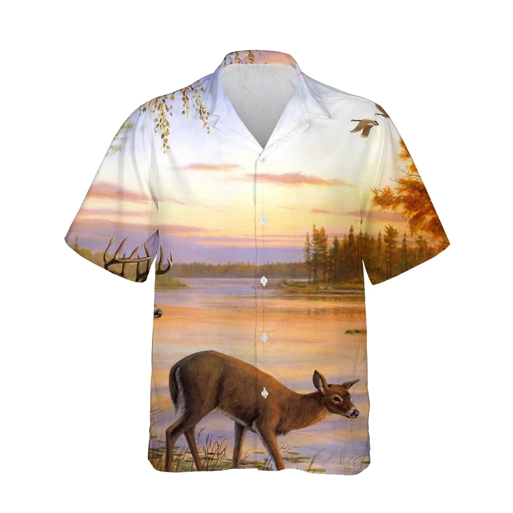 Jumeast 3d Deer Sunset Printed Hawaiian Shirt Men Short Sleeve Landdcape Vintage Fashion Shirts Casual Loose Tops Streetwear 5XL