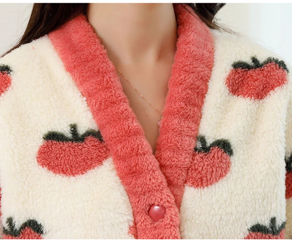 Peach Pattern Ladies Pajama Sets Thicken Autumn And Winter Keep Warm Nightgown Comfortable Soft Sleepwear Suit Sweet Style