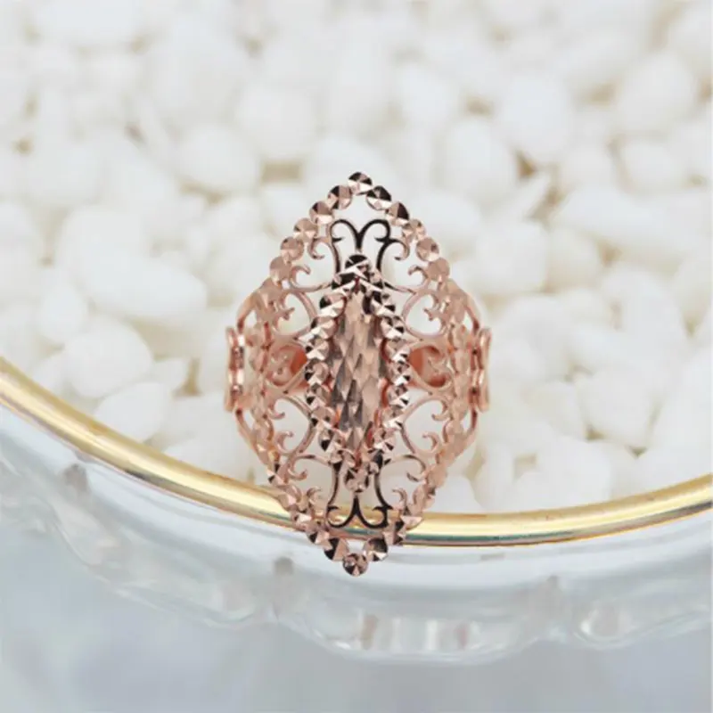 

585 Purple Gold Plated 14K Rose Gold Olive-shaped Ring Women's Hollow Open Design Charm Elegant Luxurious Wedding Jewelry