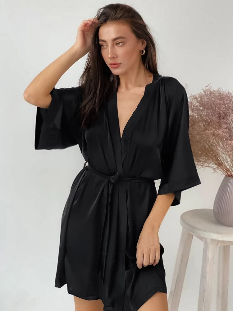 

Linad Black Bathrobe Female Casual Half Sleeve V Neck Woman Clothes 2022 Autumn Loose Robes For Women Solid Mini Home Robe