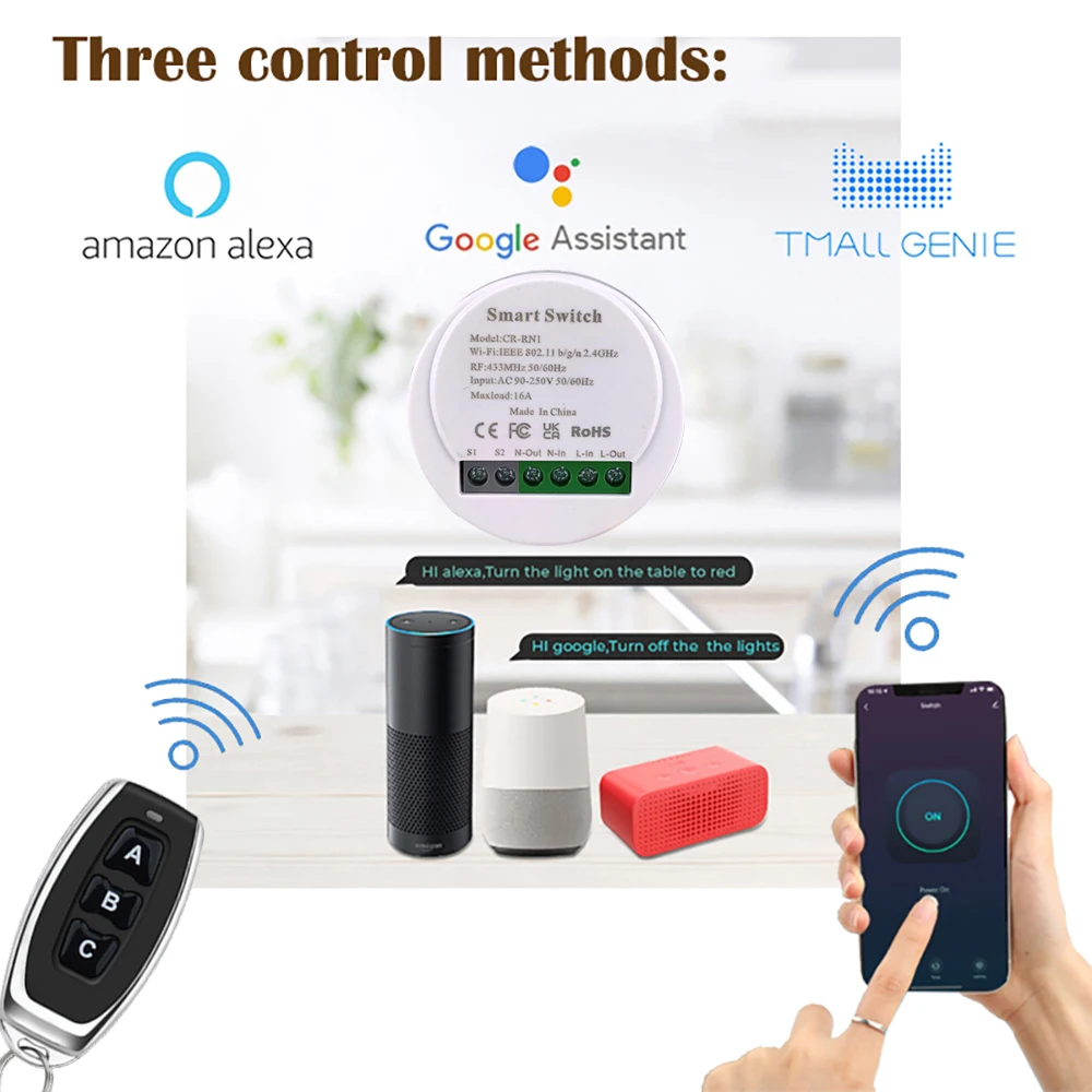 Фото Умный выключатель Wi-Fi и RF433, дистанционное управление, работает с приложением Alexa и Google Home, Нагрузка 30 А, напряжение 90-250 В переменного тока №3