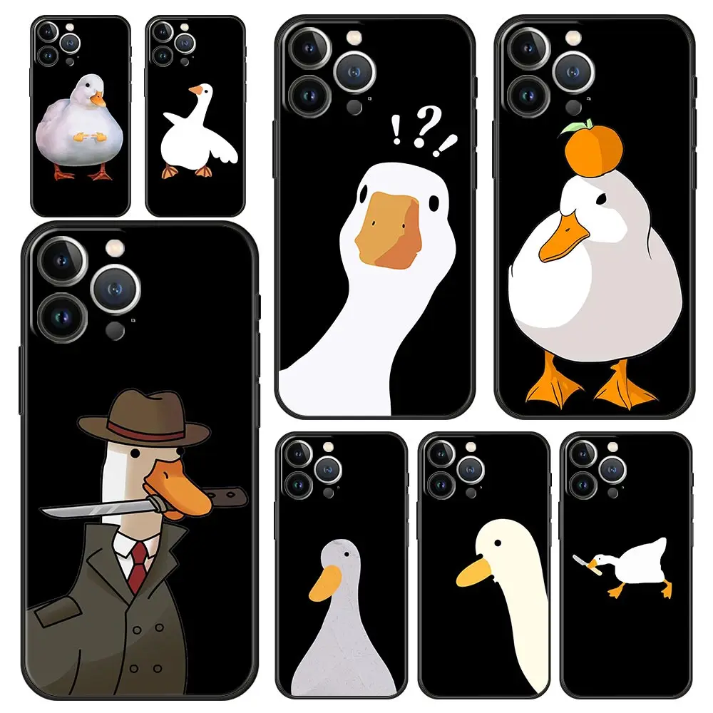 

Cartoon Doubt Duck Luxury Phone Case For iPhone 13 15 14 12 11 Pro MAX XR X SE XS 7 8 Plus Silicone Black Protection Cover