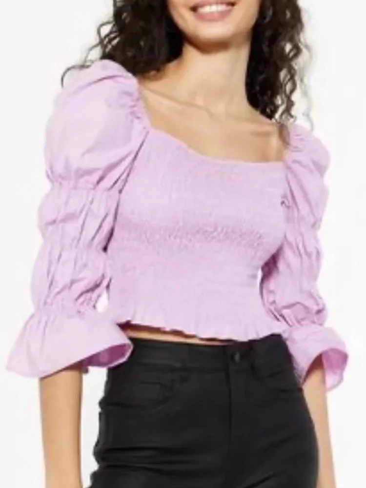 

Женские однотонные укороченные блузки Aachoae, рубашки, модные рубашки с квадратным воротником и длинным рукавом-бабочкой, топы, Женский Повсе...