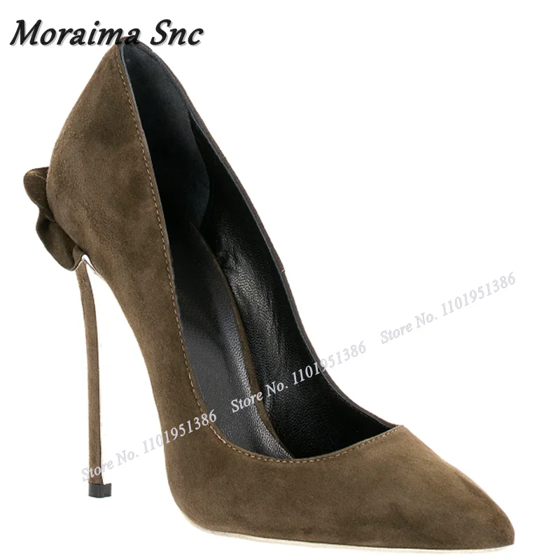 Moraima Snc Suede Metal Heel Pumps For Women Shallow Solid Pointed Toe Slip on Stiletto Heels Sandals Wedding Zapatillas Mujer