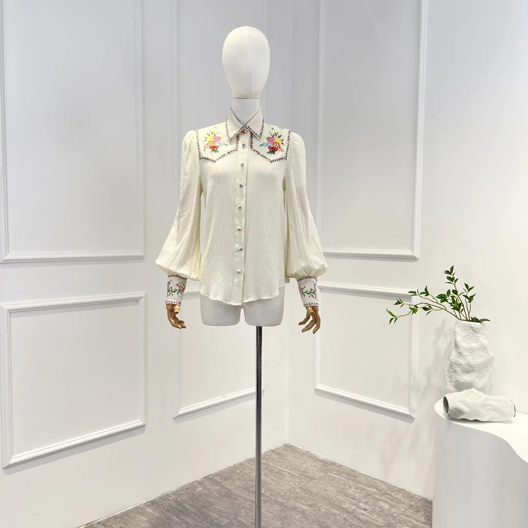 

Женская винтажная блузка с длинным рукавом-фонариком, бежевая Элегантная блузка с цветочной вышивкой, весна-лето 2023