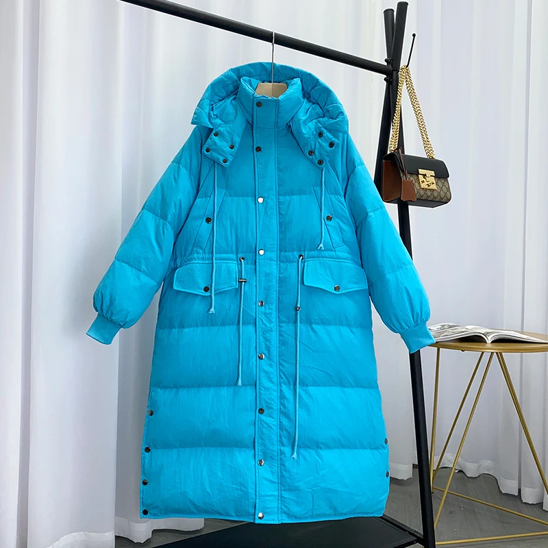 

Winter Women Snow Parkas Loose Thick Warm Hooded White Duck Down Long Jacket Lady Casual Solid Color Outwear