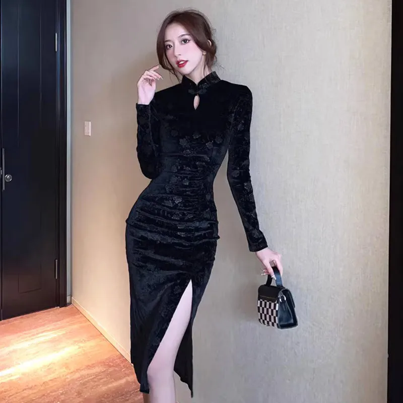 Ципао в улучшенном стиле Золотое бархатное платье для молодежи модное