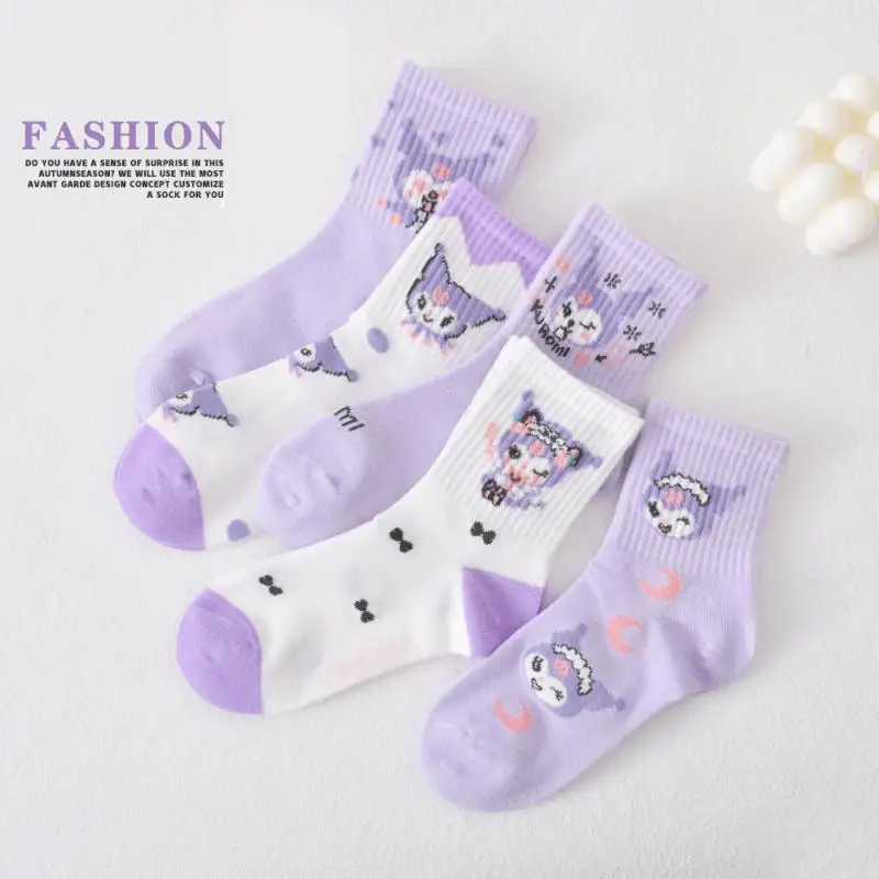

Носки для девочек Kuromi Sanrios, 5 шт., осенне-зимние спортивные носки в Корейском стиле аниме, милые носки до середины икры для девочек с мультяшным рисунком, впитывающие пот