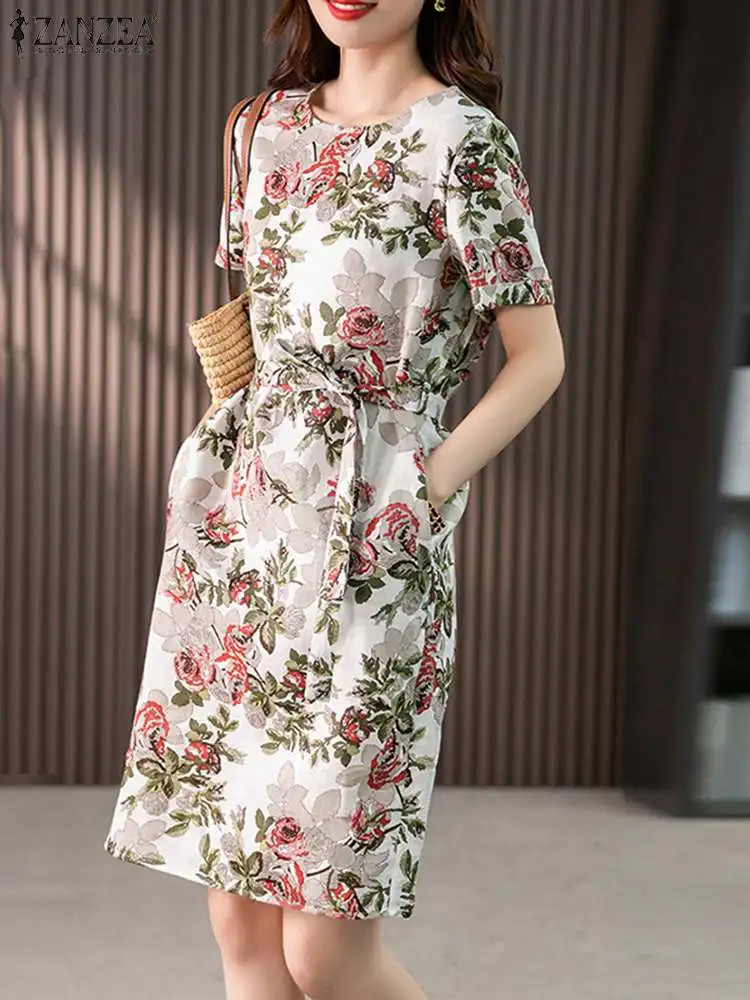 

ZANZEA Summer Vintage Knee-length Dress Casual Short Sleeve Vestidos Holiday Round Neck Short Robes Women Printed Belted Dress