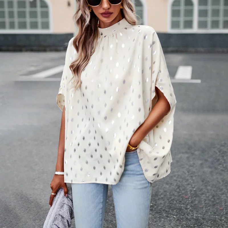 

Fashion Polka Dot Print Blouse 2023 Autumn New Long Sleeve Stand Collar Shirt Women Tops Office Lady Loose Clothes Blusas 27973