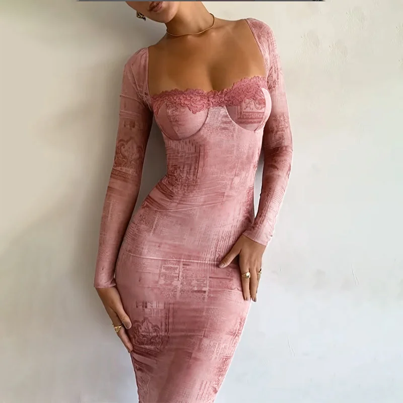 

Inwoman Pink Lace Patchwork Long Dress Luxury Party Evening Clothing For Women 2023 Fashion Long Sleeve Off Shoulder Maxi Dress