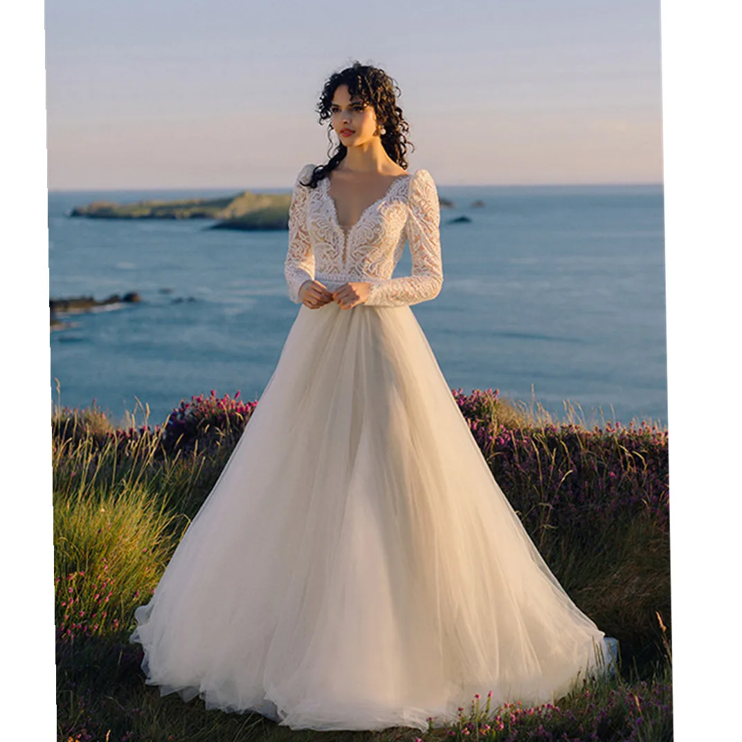 

Женское свадебное платье с длинным рукавом, винтажное кружевное платье с V-образным вырезом, модель 02