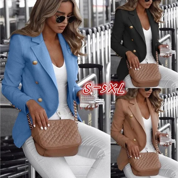 

2023 Autumn Long Sleeve Double Breasted Blazers for Women Solid Color Standing Collar Jacket Women Cropped Blazer
