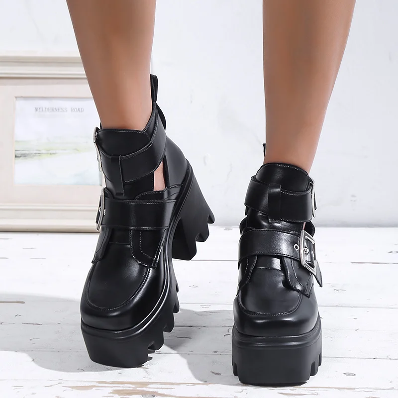 

Женские ботильоны на платформе, короткие ботинки из мягкой кожи на толстом высоком каблуке, с круглым носком и пряжкой, 2022