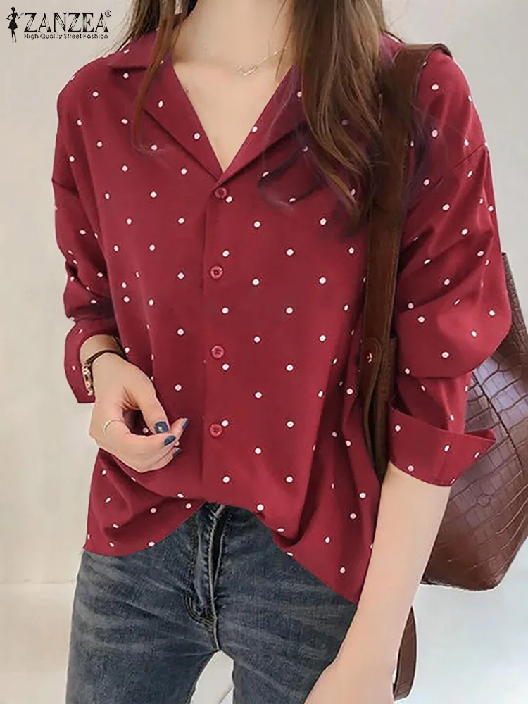 

Lapel Long Sleeve Button Chemise Femme Fashion Casual Holiday Work OL Tunic Blusas 2022 ZANZEA Women Spring Polka Dots Blouse