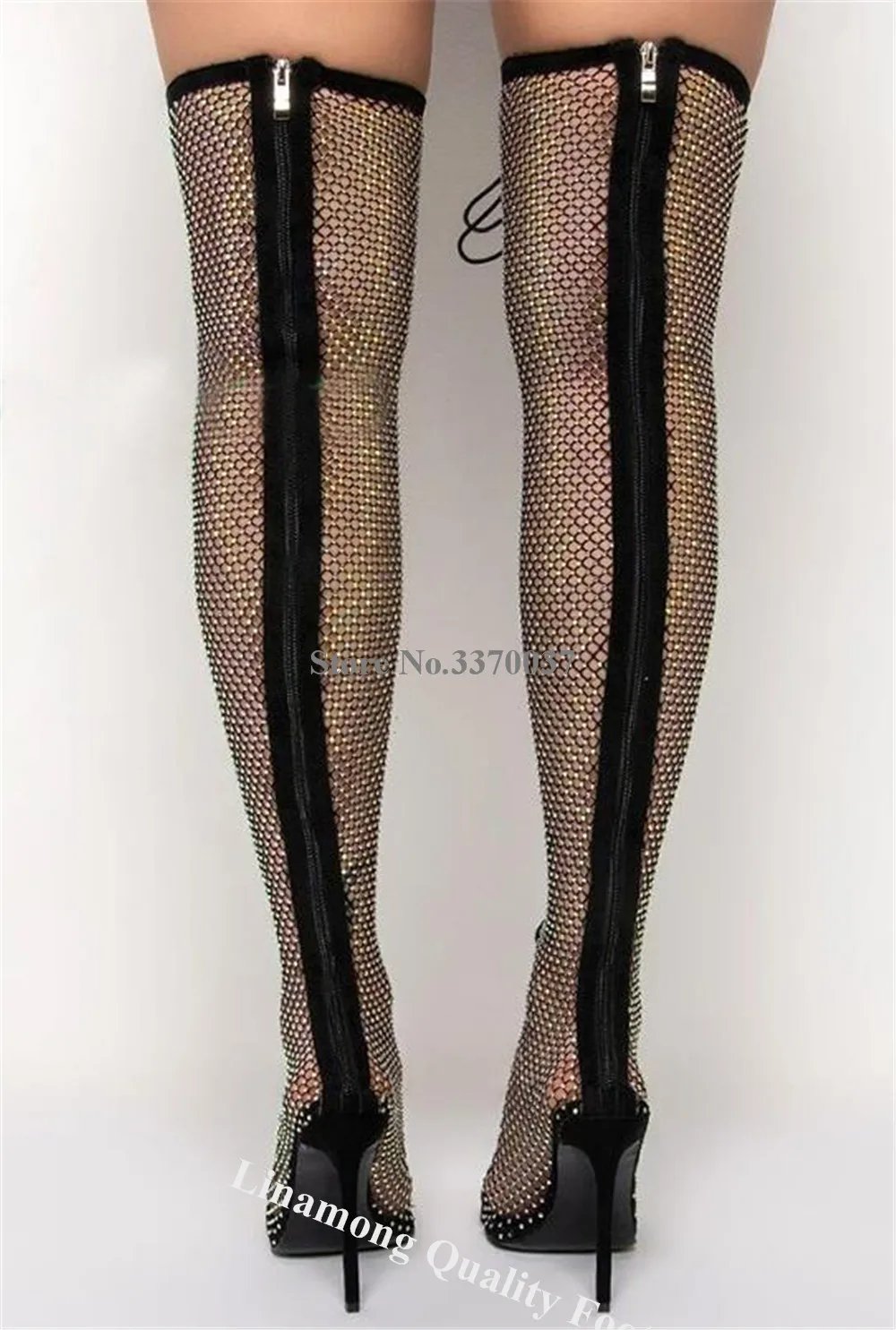 Linamong Bling Bling Rhinestones Mesh Over Knee Boots Pointed Open Toe Clear Sequins Crystals Stiletto Heel Long Boots