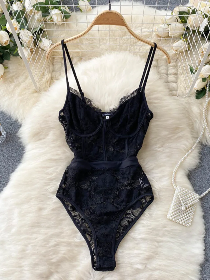 

Ins Fashion Women Black Lace Bodysuit Sexy Spaghetti Strap Sleeveless Hollow Out Slim Fit Body Top 2022 Summer Female Overalls