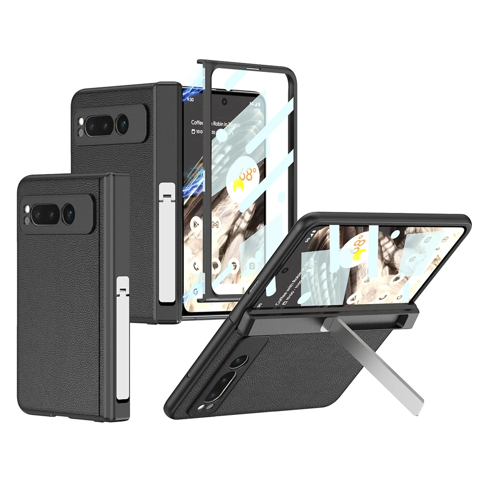 

For Google Pixel Fold Case Magnetic Hinge Kickstand With Tempered Film Matte Plain Leather Hard Shockproof Protection Back Cover