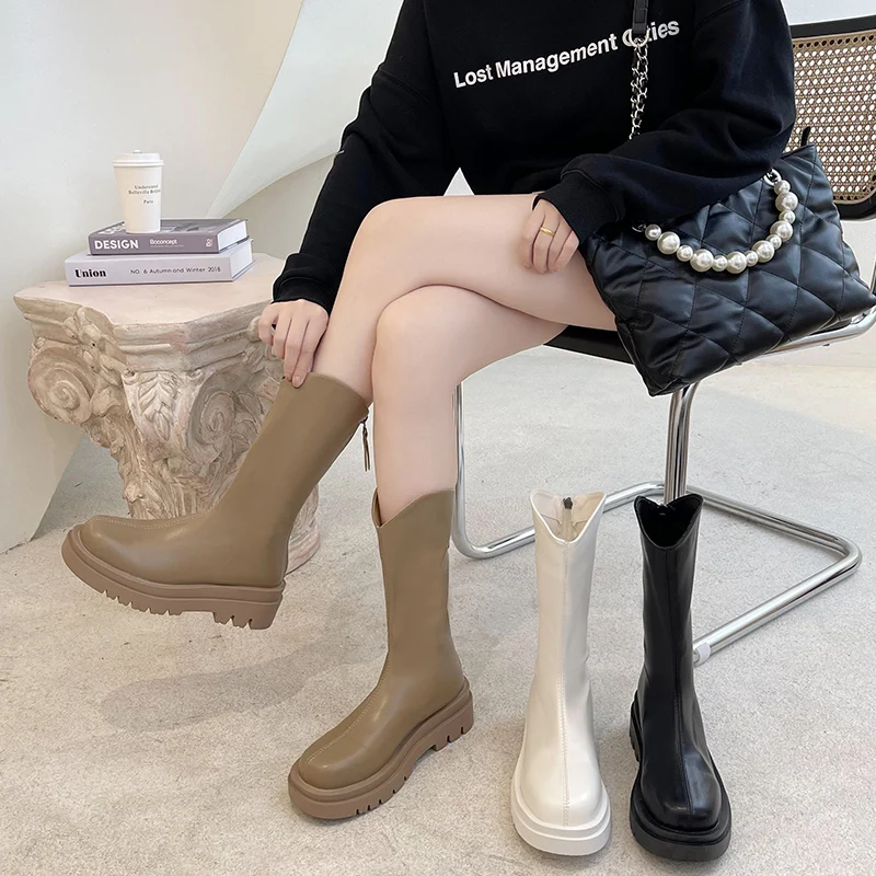 

Med Heel Boots Shoes Zipper Round Toe Boots-Women Winter Footwear Ladies Rubber Flat 2022 Autumn Mid Calf Lolita Rock Mid-Calf M