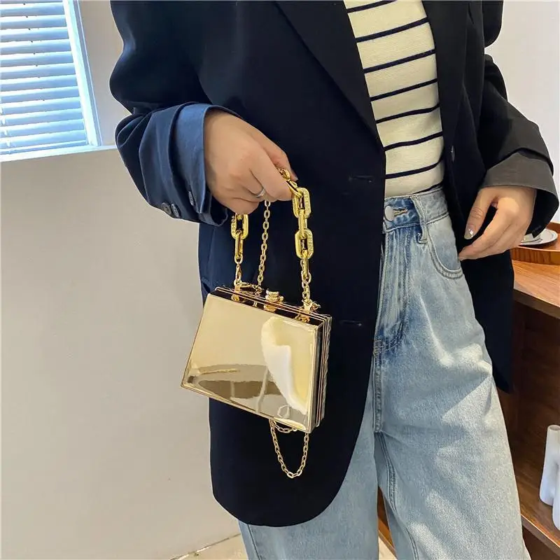 Metal Small Bag 2023 European And American Fashion Shiny Retro Texture I Girl Chain One Shoulder Box Bag Women Purse And Handbag