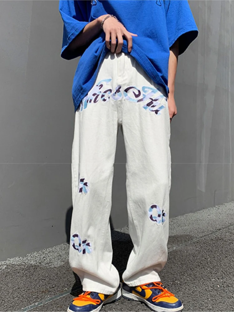 Patchwork Color Letter Embroidery Denim Pants Men Korean High Street Hip Hop Jean Pants Male Zipper Loose Straight Harem Jeans