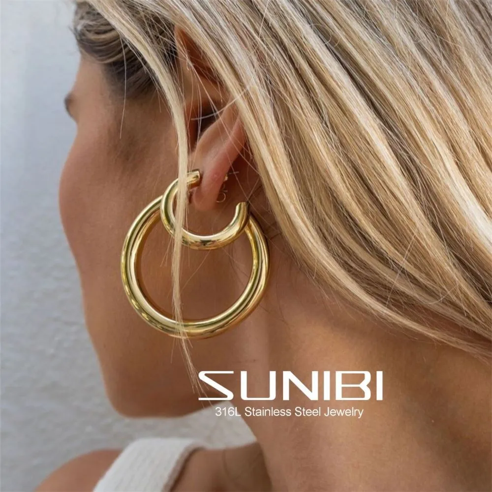 

2022 New Stainless Steel Hoop Earrings for Women Stackable C Shape Gold Color Large Circle Punk Hip Hop Earring Fashion Jewelry