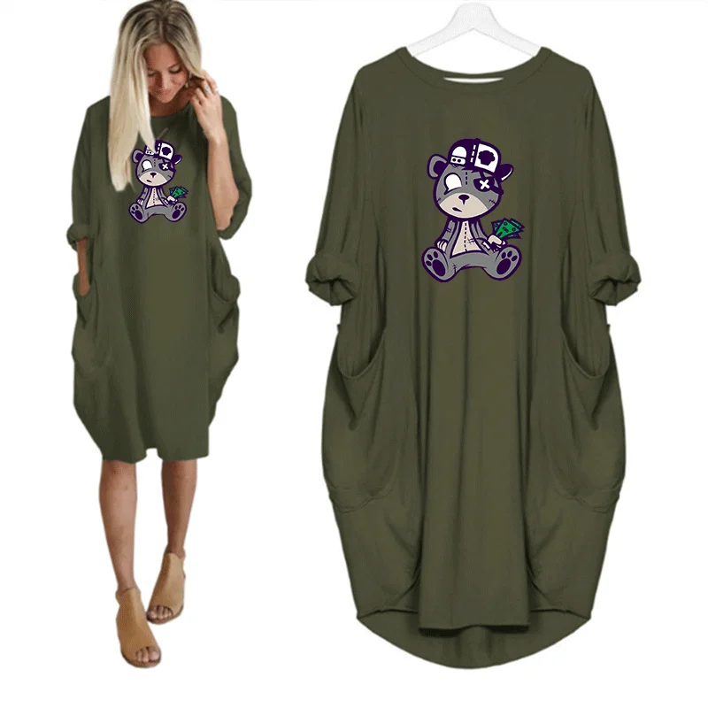

Cartoon Print Female Dress Woman Long Sleeve Casual Autumn Dresses for Women 2022 O-Neck Mini Pocket Loose Ladies Dress Robe New